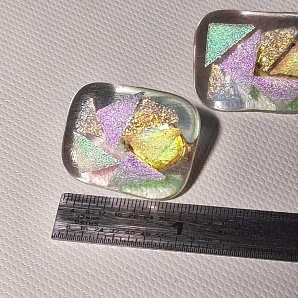 * Vintage Artisan Made Dichroic Glass Clip On Earrings - Picture 2 of 4